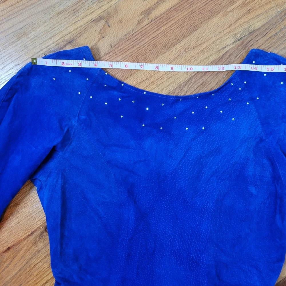 Vintage 1980s Suede Electric Blue Knee Length Dress With Rhinestones Size M - Picture 7 of 16